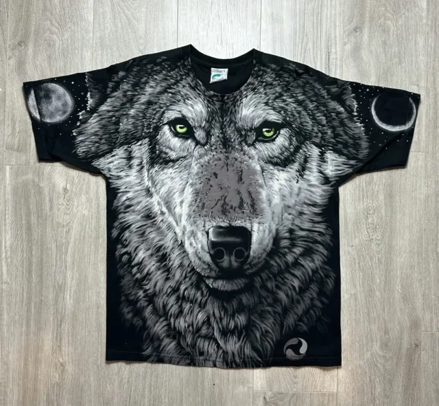 Vintage Liquid Blue Wolf All Over Print AOP T-Shirt L Rare  Snow Mountains 1996