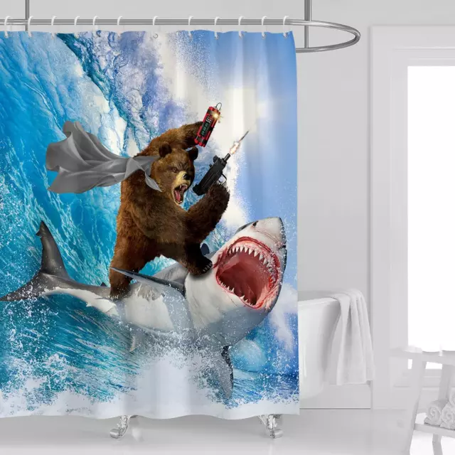 Kikiry Funny Shower Curtain 60''W X 72''L Bear Surfing Riding on Shark Kids