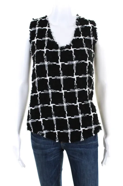 Balmain Womens V Neck Check Tweed Sleeveless Top Blouse Black White Size Small