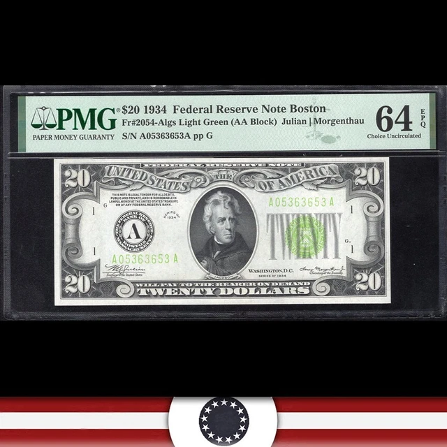 1934 $20 BOSTON FRN *LIGHT GREEN SEAL* PMG 64 EPQ Fr 2054-A lgs A05363653A