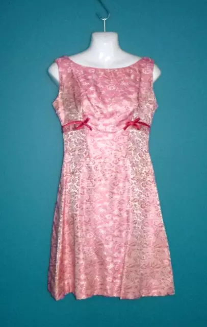 Vtg 60s Pink Floral Brocade Mini Dress Party Dress A line Sz S