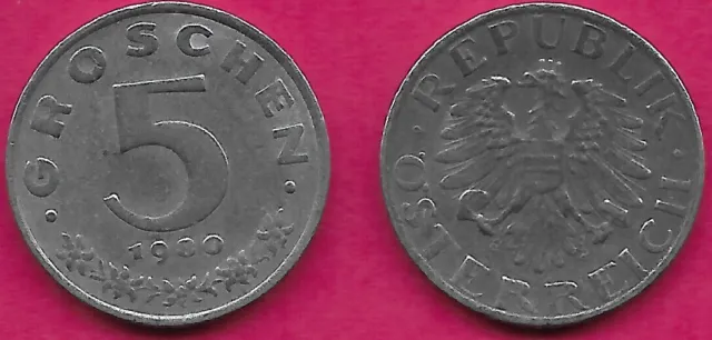 Austria 5 Groschen 1980 Vf Imperial Eagle With Austrian Shield On Breast,Ho