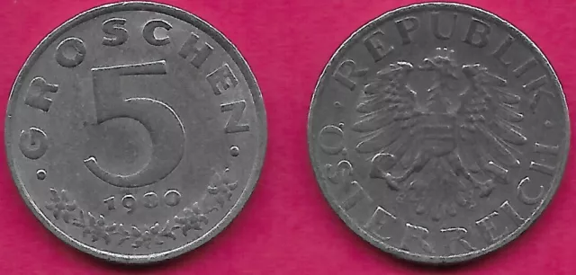 Austria 5 Groschen 1980 Vf Imperial Eagle With Austrian Shield On Breast,Ho