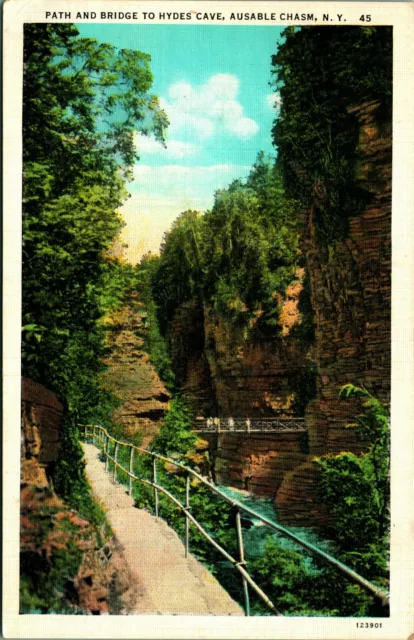 Path and Bridge to Hydes Cave Ausable Chasm New York NY UNP Linen Postcard