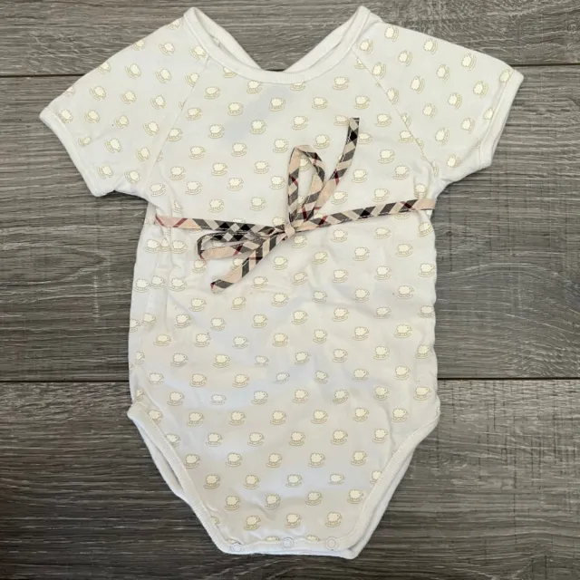 Burberry Baby Lambs Print White Cotton Kimono Wrap One Piece sz 0 3M Snaps Tie