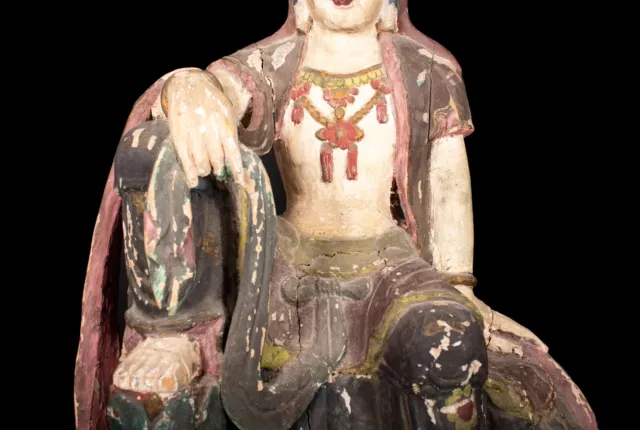 Eine Große Antike Chinesische Geschnitzte & Bemalte Holzfigur Guanyin , China 3