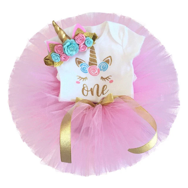 3PC Baby Girl 1st Birthday Outfit Party Unicorn Romper Cake Smash Tutu Dress Set