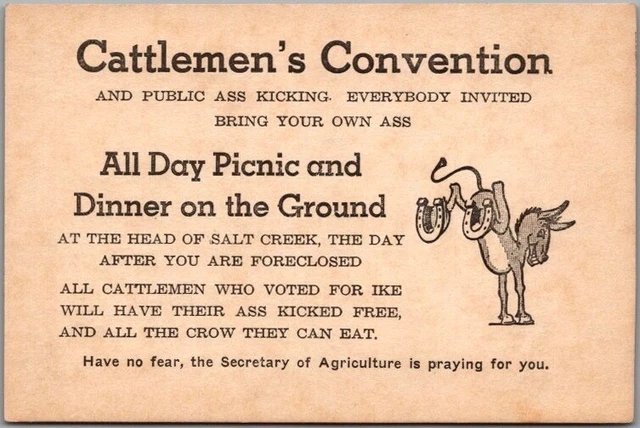 1940s Comic Greetings Card "Cattlemen's Convention & Public Ass Kicking" Donkey