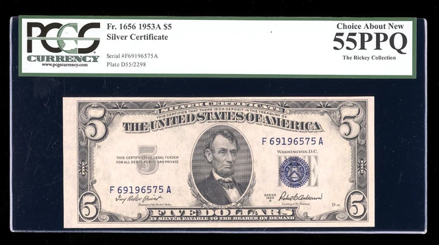 DBR 1953-A $5 Silver Fr. 1656 FA Block PCGS 55 PPQ Serial F69196575A