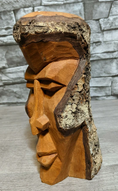 Vintage 9" Carved Wood Head Bust Tribal Folk Art Carving Sculpture Signed