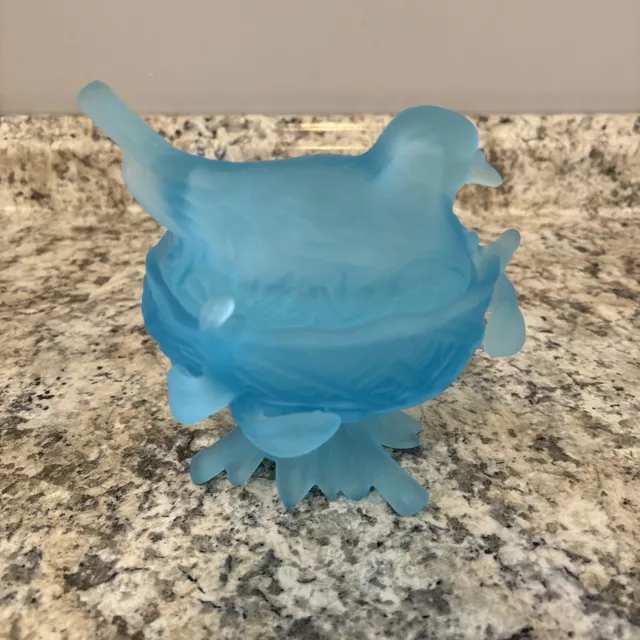 Vintage Blue Frosted Satin Glass Westmoreland Bird On Nest Candy Dish