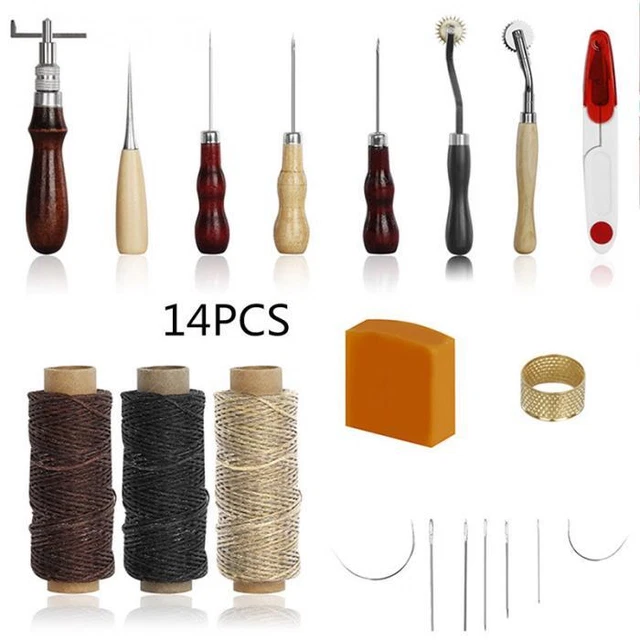 14Pcs herramientas artesanales de cuero cosido a mano kit de herramientas de costura para punzón de hilo encerado