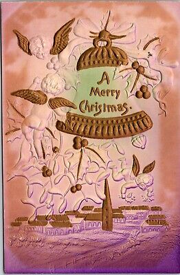 A Merry Christmas Bell Cherubs Holly Village Town c1908 Embossed Postcard