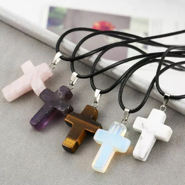 Natural Quartz Crystal Stone Chakra Cross Pendant + Necklace +Gift Pouch 3