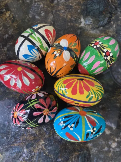 7 Piece Set Of Easter Hand-painted Wooden Eggs.
