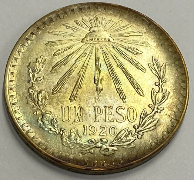 1920 Mexico Silver Coin Un Peso Cap and Rays Fine Silver UNC Details Toner