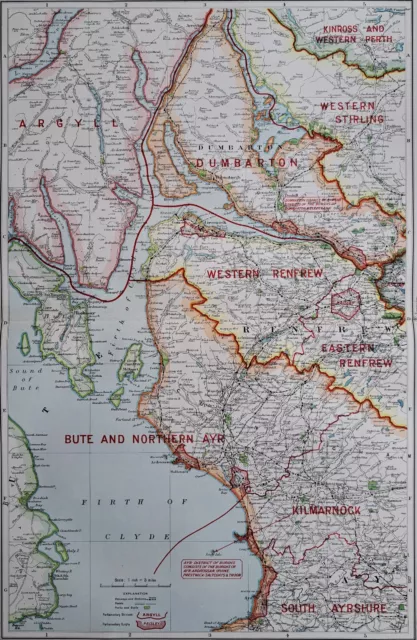 1922 large map of Ayrshire, Renfrewshire & Dunbartonshire. 101 years old. Bute.