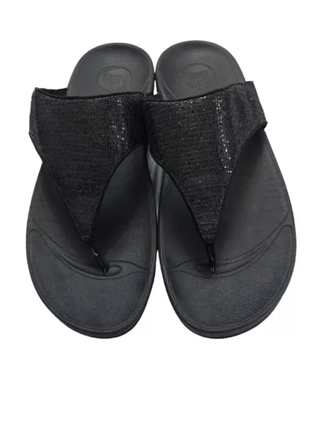FitFlop Womens LULU Black Glitter Toe Post Leather Sandals Shoes UK 8/ EU 42