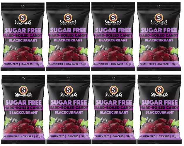 909445 8 x 70g SUGARLESS CONFECTIONERY SUGAR FREE HARD BOILED BLACKCURRANT AURA