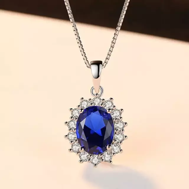 14K White Gold Plated Sapphire & Diamond Flower Pendant with 18" Necklace 2.50ct