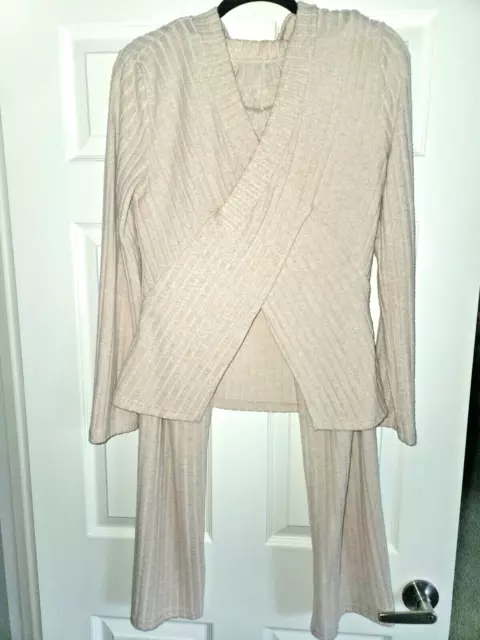 2Pc Knit Pant Set Casual Cozy Stretchy Long Sleeve Top Tunic Pants Beige L