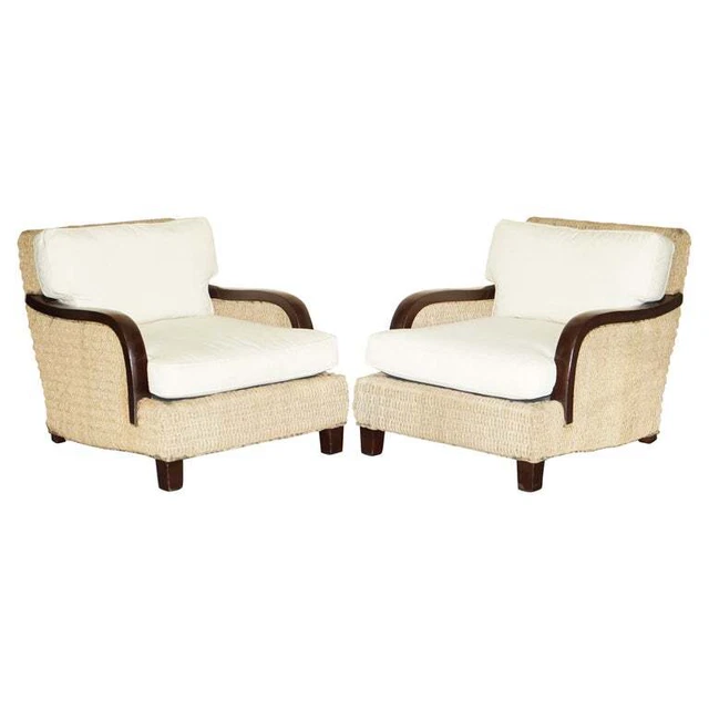 Rrp £11000 Pair Of Ralph Lauren Barrymore Wicker Rope Armchairs Feather Cushions