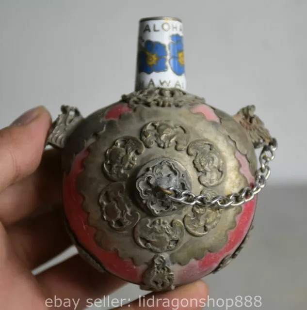 10CM Collect Old China Miao Silver Dynastie Chauve-souris Lucky Snuff Bottle