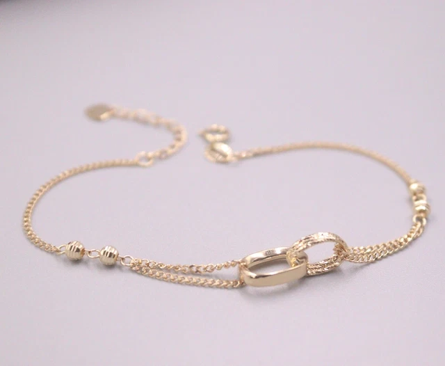 Pure 18K Yellow Gold Chain Women Lucky Curb Double Oval Link Bracelet 3-3.1g