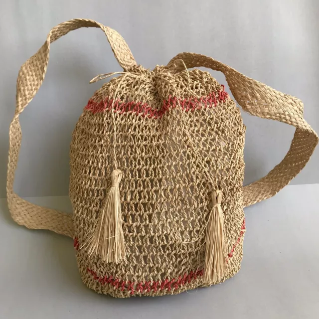 New HANDMADE Knitted Straw Handbag Beach Backpack BOHO CHIC Knit Bag Beige Red