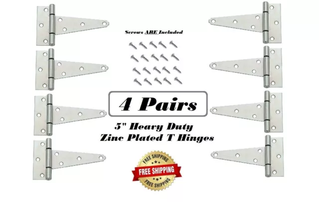 4 Pair - Tee Hinge / T Hinges, 5" HEAVY Duty Zinc Plated, W Screws, Gates, Doors