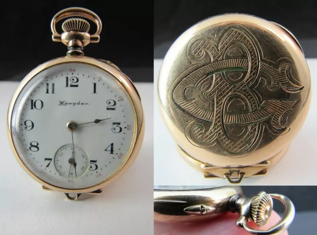 HAMPDEN pocket watch & DUEBER 14k GOLD filled case 3/0s 15j LADIES PENDANT