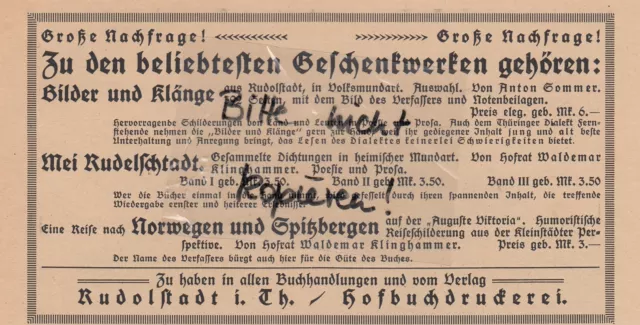 RUDOLSTADT, Werbung 1920, Hofbuchdruckerei