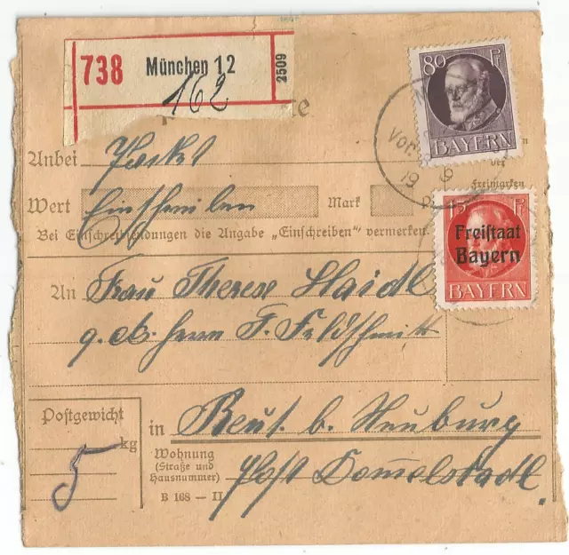 Bayern, MIF Mi. Nr. 103, 156, Einschreiben, Reco-Paketkarte aus München