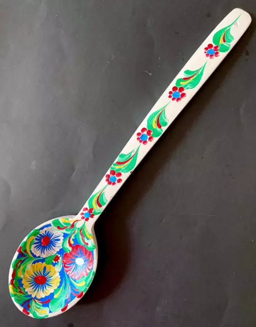 Vintage Folk Art Painted Wooden Spoon Flowers Colorful Kitchen Decor 12.5”