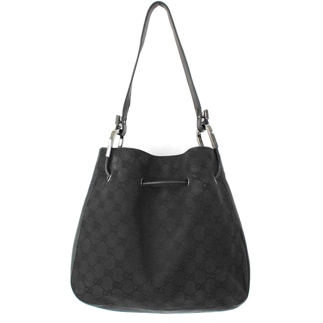 GUCCI Black GG Monogram Canvas Leather Trim Open Top Tote Bag Silver Bucket