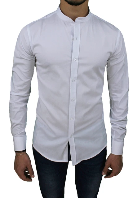 Camicia Uomo Casual Slim Fit Bianco Con Colletto Alla Coreana In Cotone Stretch