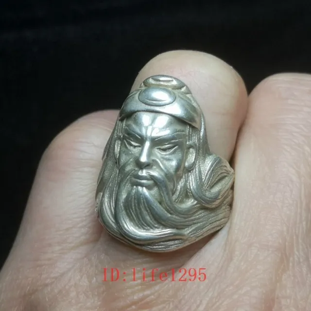 Old China Tibet Silver Carving god of wealth Guan Yu Head Statue Ring Collection