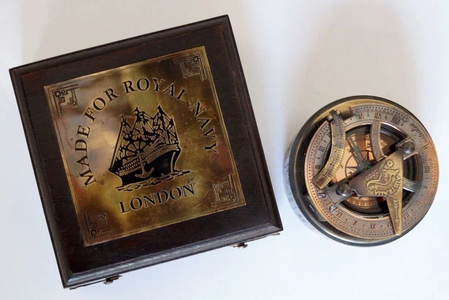 Nautical Antique Brass Vintage Sundial Pocket Compass With Rosewood Wooden Box