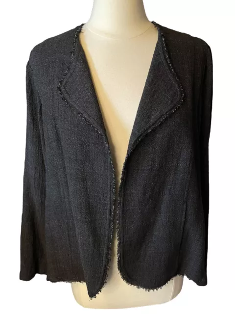 Eileen Fisher Black Linen Blazer Jacket Medium Fringe Detail Coastal Open Front