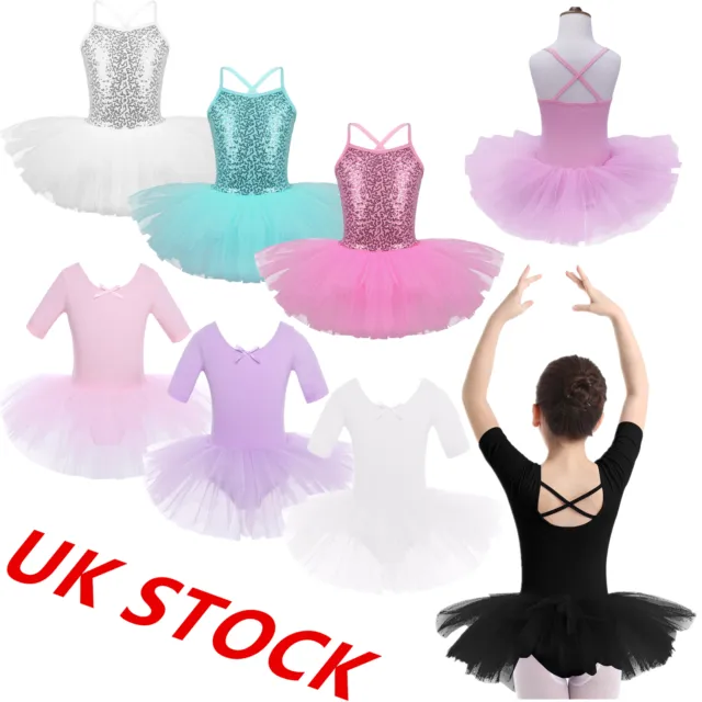 UK Girls Lyrical Ballet Dress Leotard Kids Gym Sequins Ballerina Tutu Dancewear