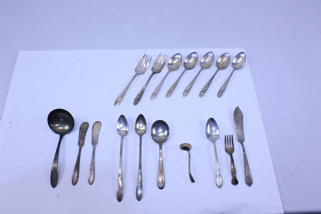 Miss Matched Silver-Plated Flatware Lot of 17 Pieces Mixed Patterns