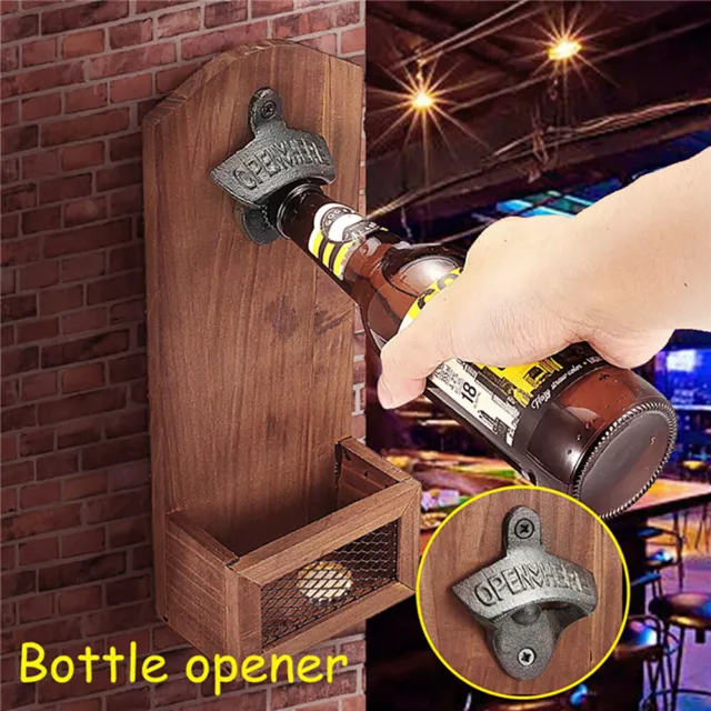 Vintage Wooden Stainless Steel Wall Mounted Bottle Opener Beer Bar Decors Gift₡