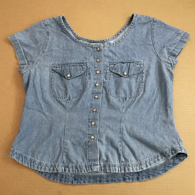 Denim Shirt Womens Large Blue Button Down Top Relaxed Scoop Neck BonJour Ladies