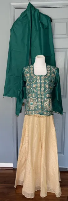 Boho Kashmiri Women’s Silk Embroidered Green Beige 3 Pieces Custom.
