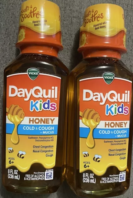 2 x Vicks DayQuil Kids Cold & Cough + Mucus - Honey - 8 Fl Oz - Exp 1/2025