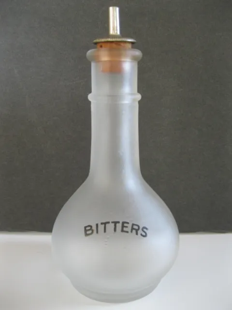 Vintage Frosted Glass#2-K-278 Bitter Bottle w/ Cork Stopper Spout & Black Font