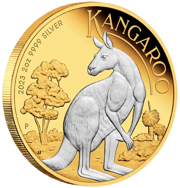 2023 Australia Reverse-Gilded Kangaroo Proof .9999 Silver 2 oz Mintage of 1999