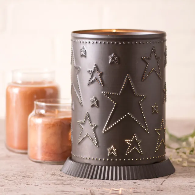 PUNCHED TIN CANDLE WARMER Country Stars Handmade Accent Light in Kettle Black