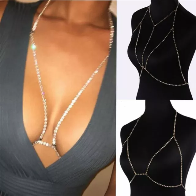Elegant Women Shiny Crystal Rhinestone Necklace Bra Chest Body Chain Jewelry