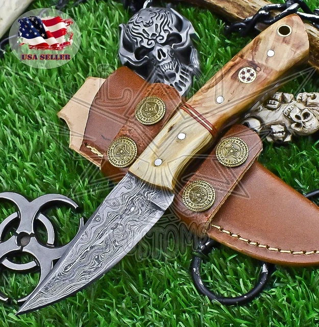 Hand Crafted Skinner Knife Damascus Hard Wood Wooden Bolster Fishing Collectible